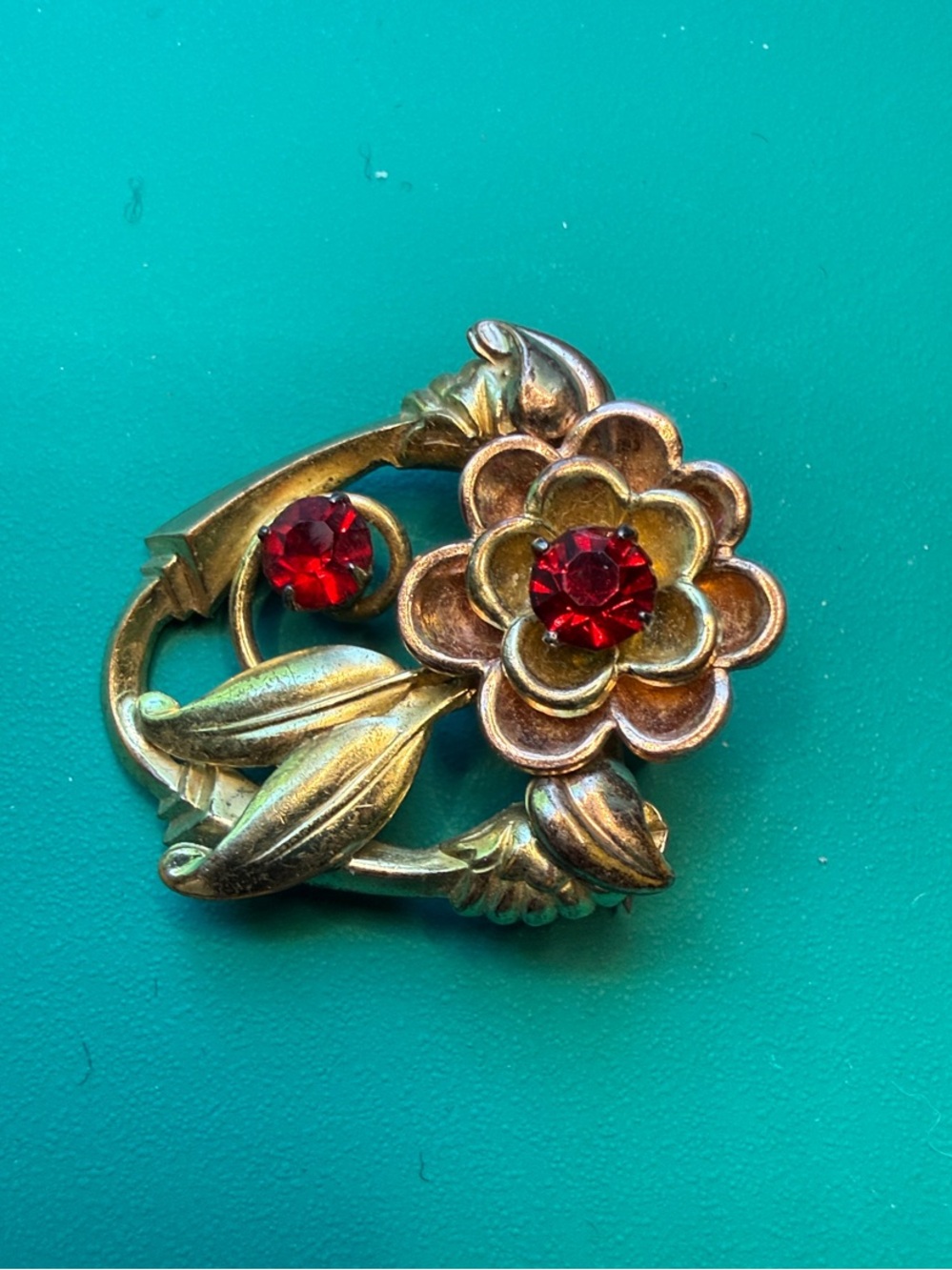Vintage Harry Iskin Retro Gold Filled Faux Ruby Rhinestone Flower Spray